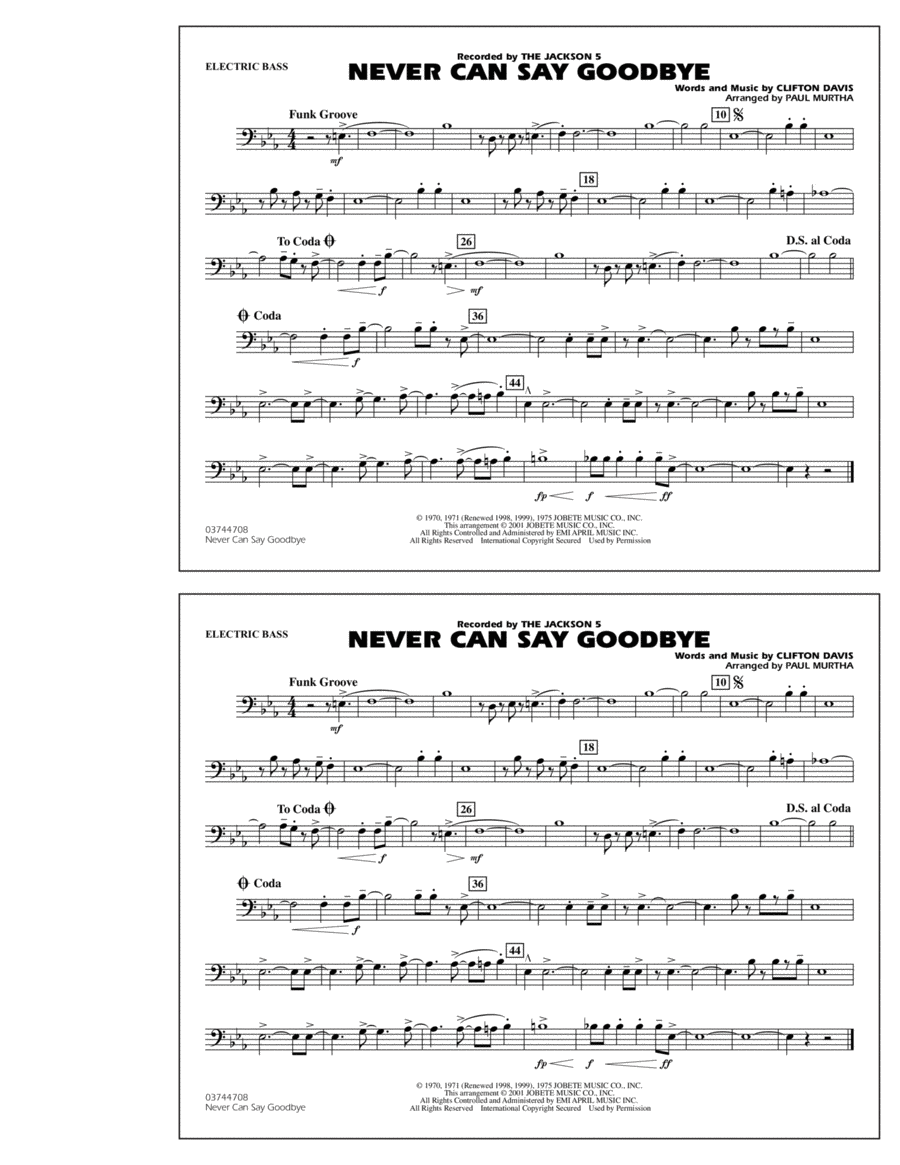 Never Can Say Goodbye - Electric Bass Marching Band scores gallery preview page 1