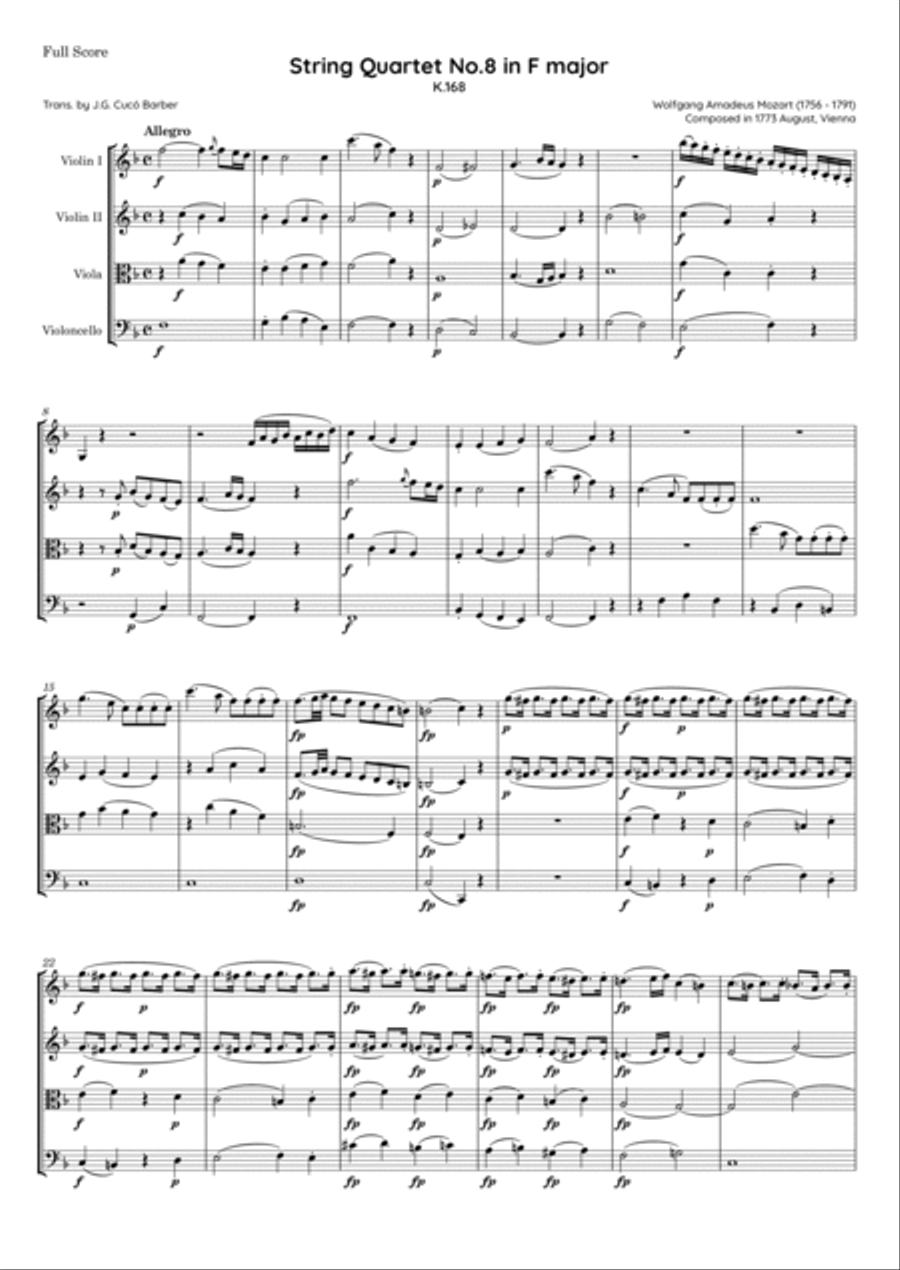 Mozart - String Quartet No.8 in F major, K.168 String Quartet scores gallery preview page 2