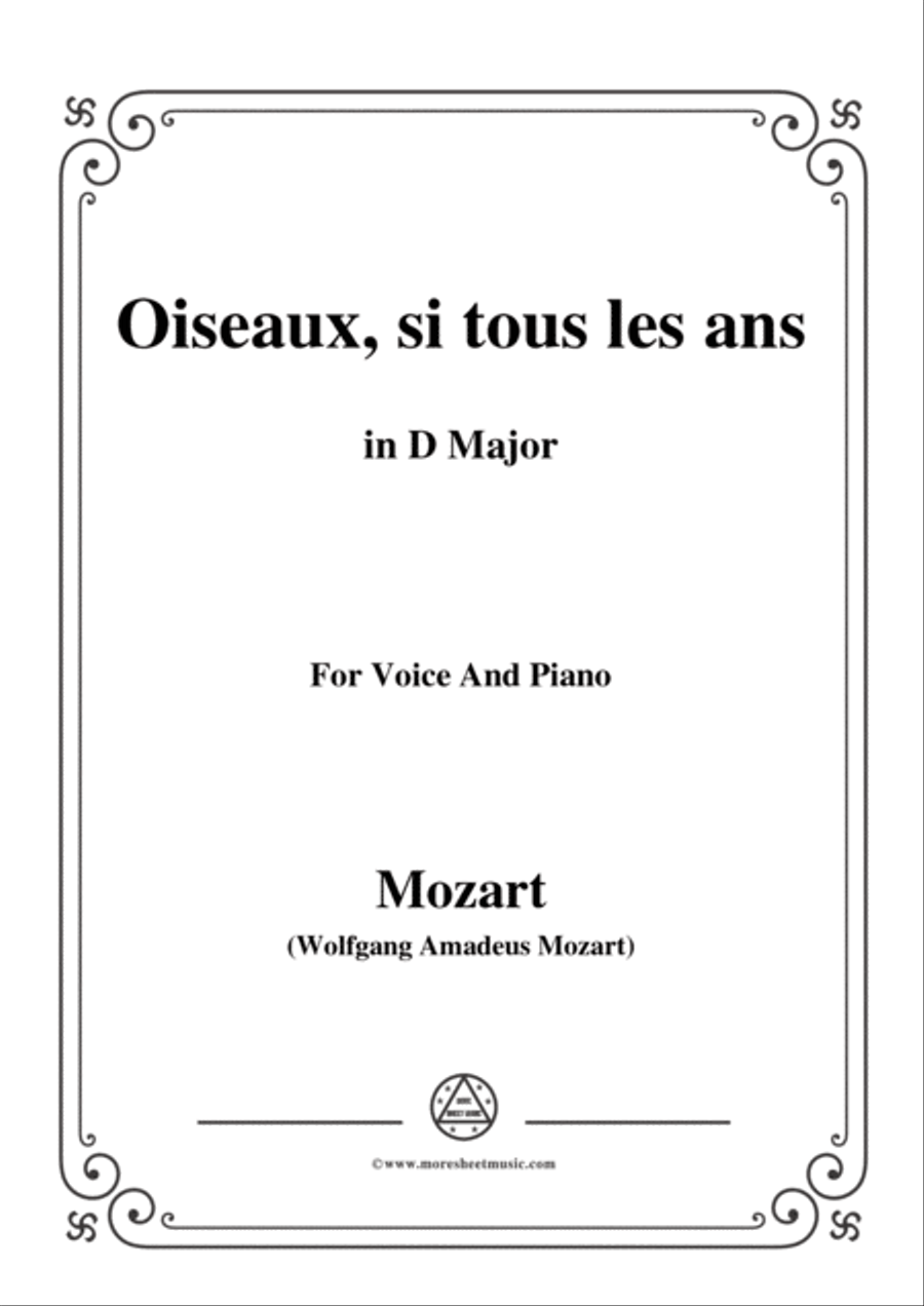 Mozart-Oiseaux,si tous les ans,in D Major,for Voice and Piano Voice Solo scores gallery preview page 1