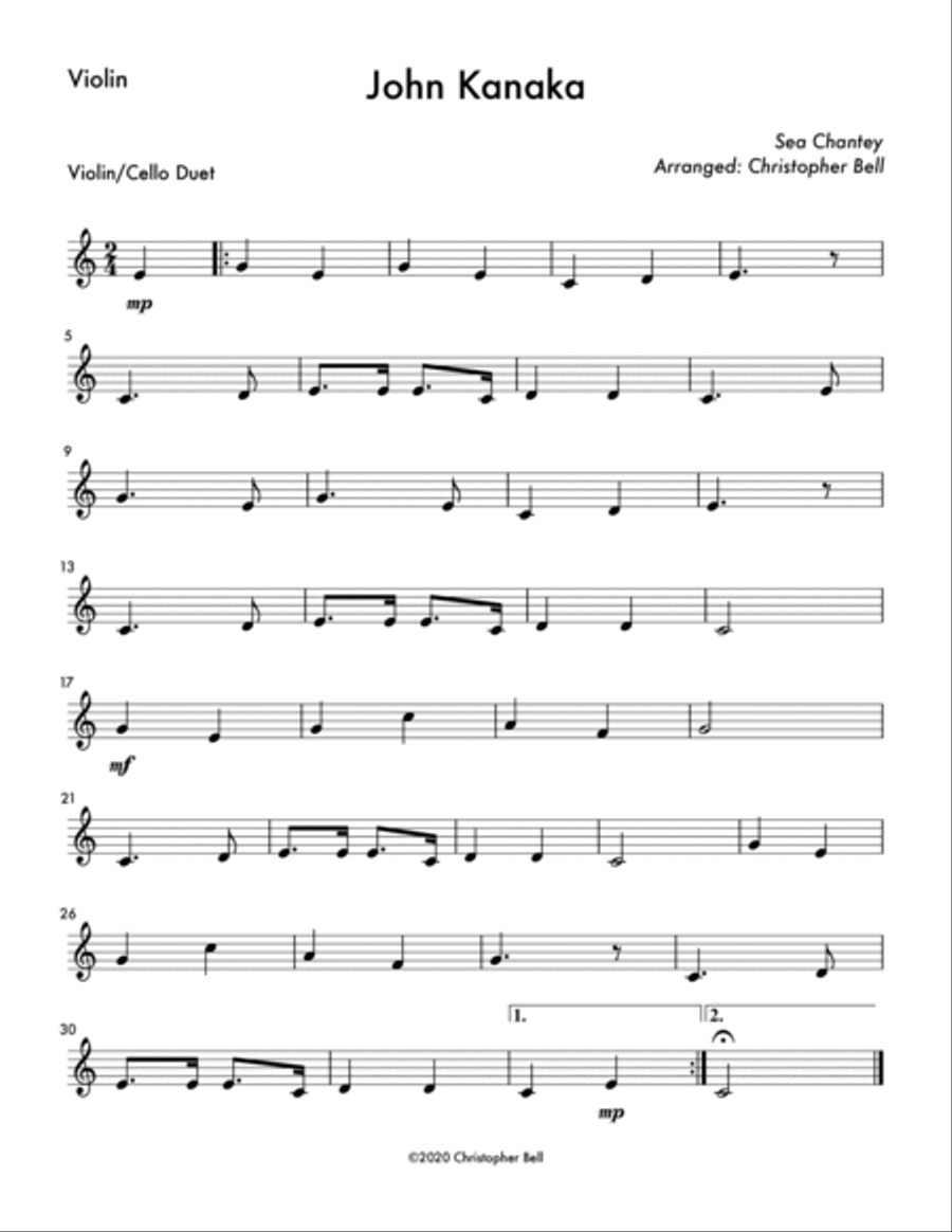 John Kanaka (Easy Violin/Cello Duet) String Duet scores gallery preview page 2