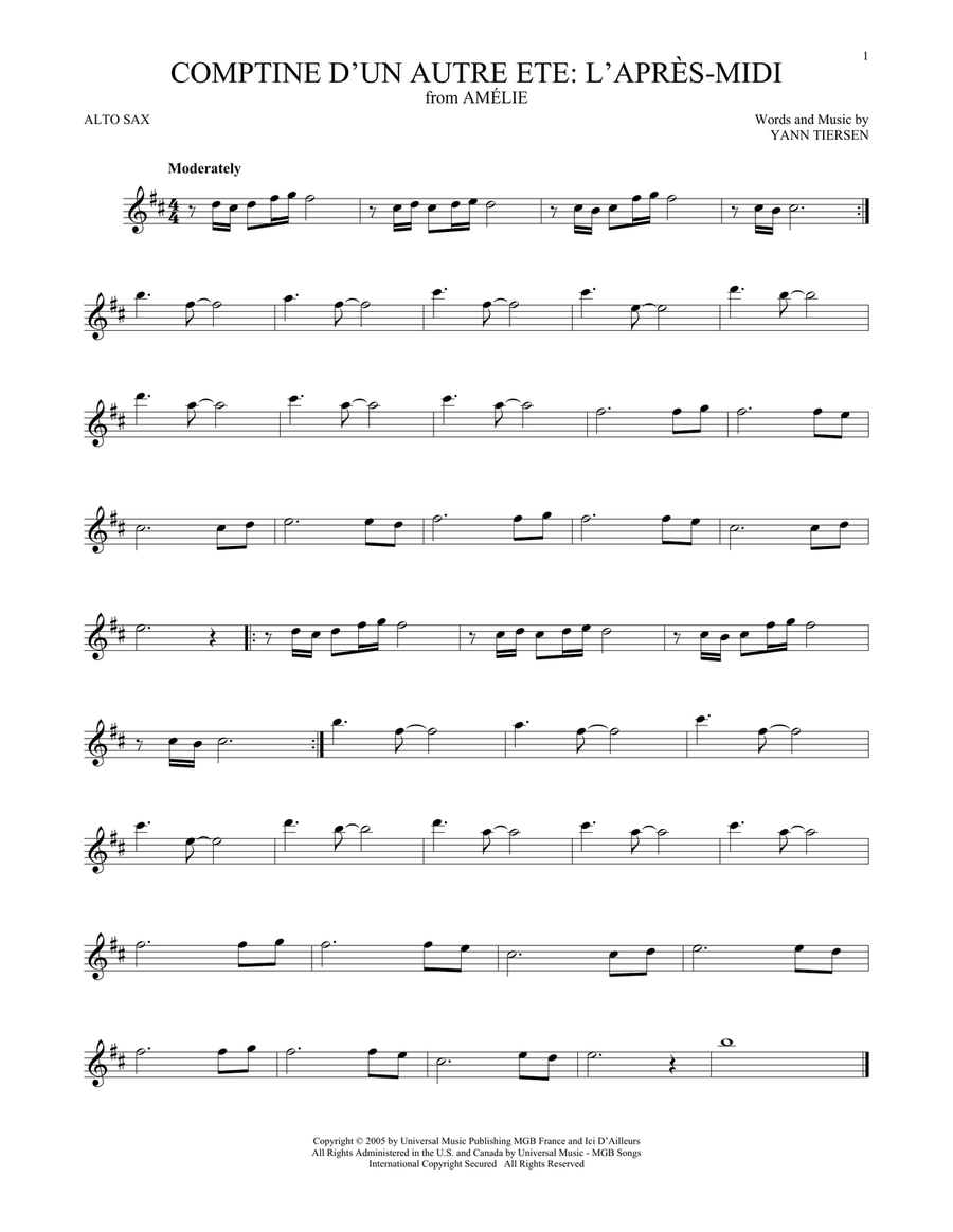 Comptine d'un autre été: L'après-midi (from Amelie) Alto Saxophone scores gallery preview page 1