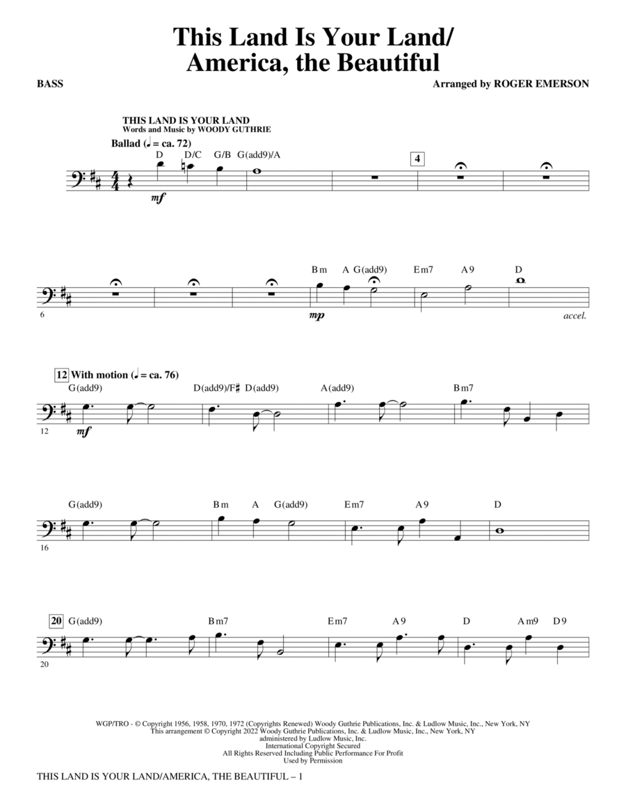This Land Is Your Land/America, The Beautiful - Bass Choir scores gallery preview page 1