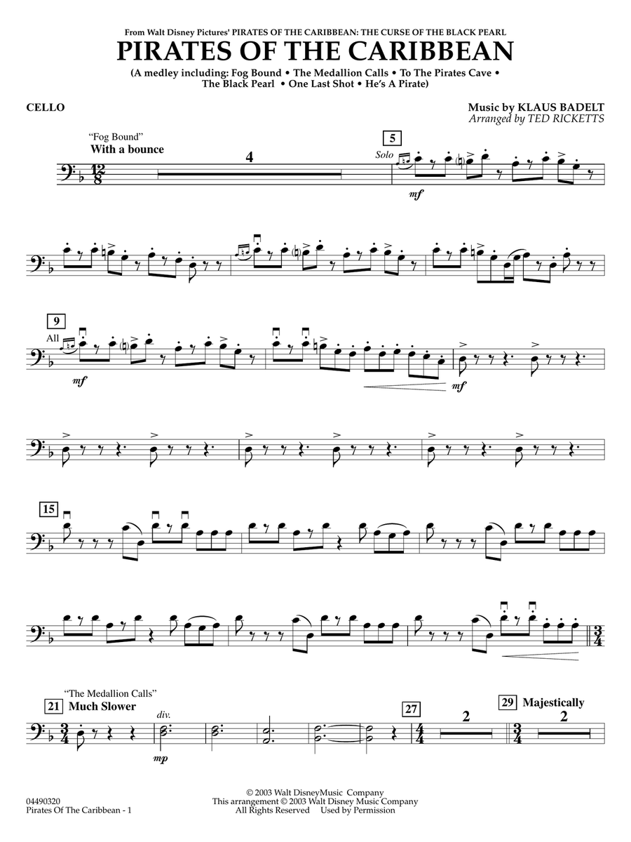 Pirates of the Caribbean (arr. Ted Ricketts) - Cello Full Orchestra scores gallery preview page 1