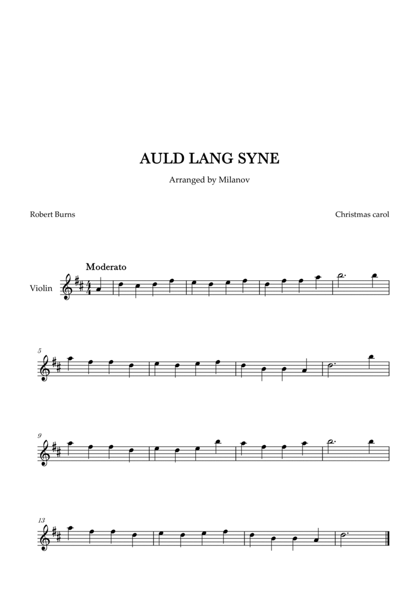 Auld lang syne in D Violin Easy Christmas carol image number null