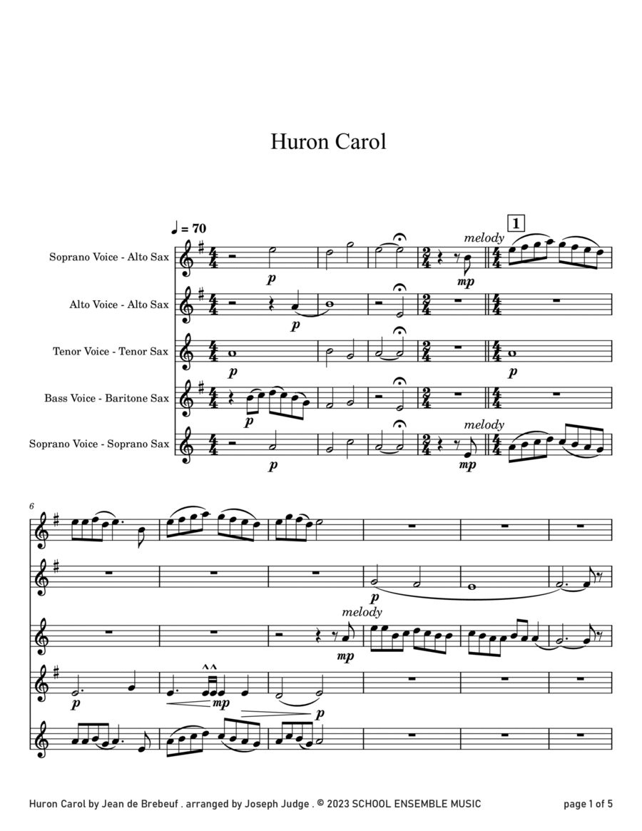 Huron Carol for Saxophone Quartet in Schools Saxophone Quartet scores gallery preview page 1