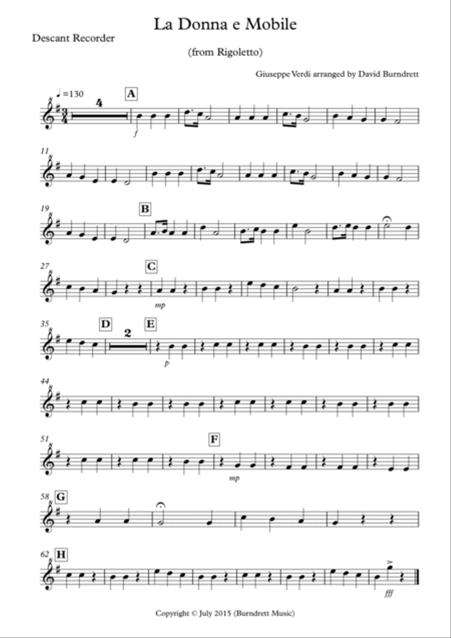 La Donna e Mobile (from Rigoletto) for Recorder Quartet Recorder scores gallery preview page 3