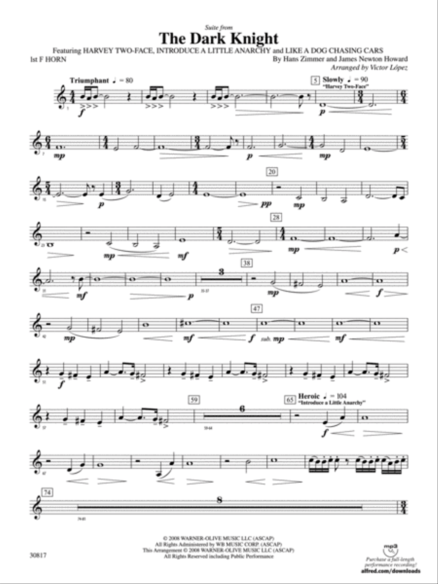 The Dark Knight, Suite from: 1st F Horn Concert Band scores gallery preview page 1