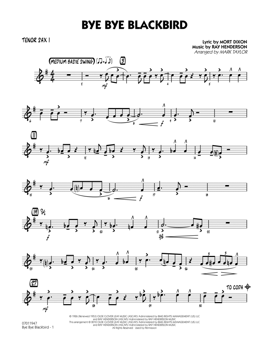 Bye Bye Blackbird - Tenor Sax 1 Jazz Ensemble scores gallery preview page 1