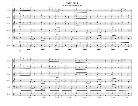 TACO BELL CANON IN D# (Eb) - Saxophone Quartet (SATB) with optional Bass and Drums - Bossa Nova image number null