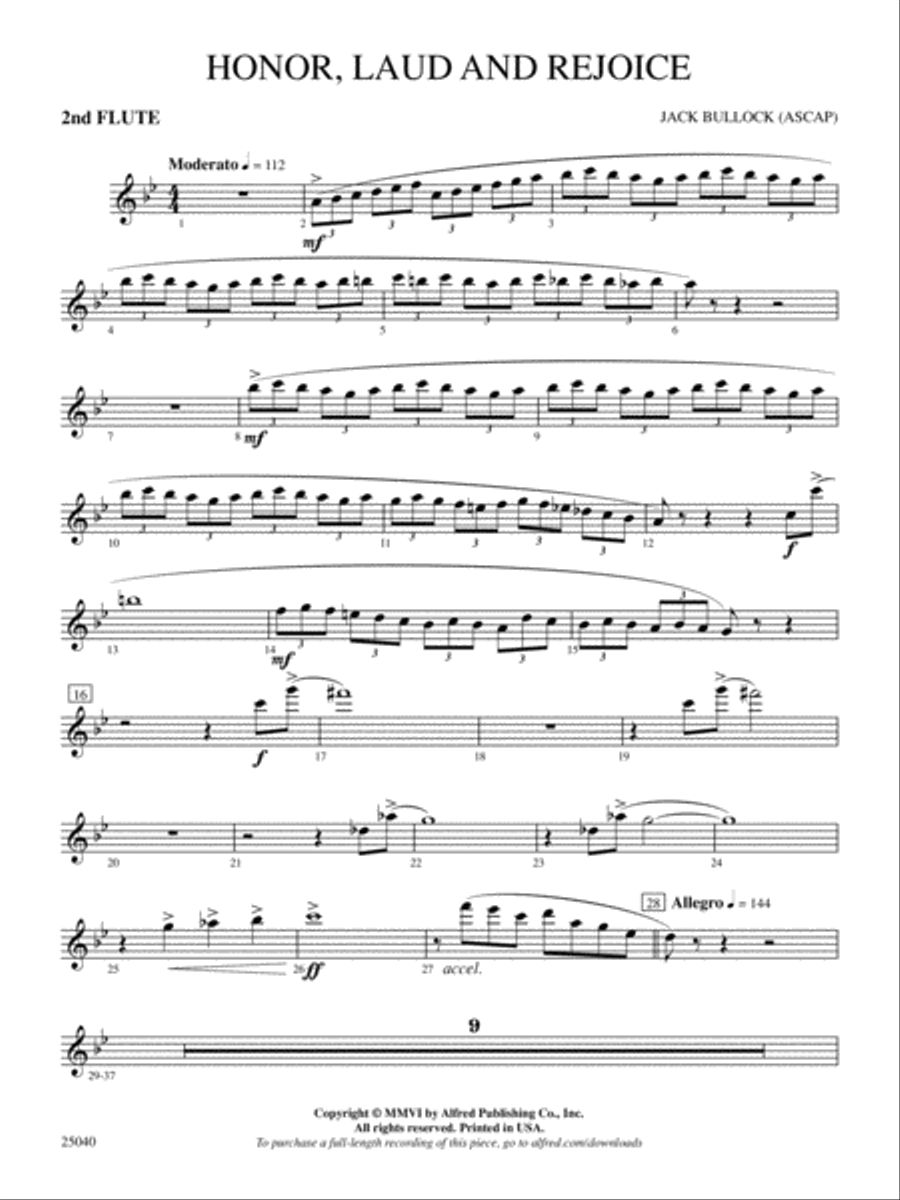 Honor, Laud and Rejoice: 2nd Flute Full Orchestra scores gallery preview page 1