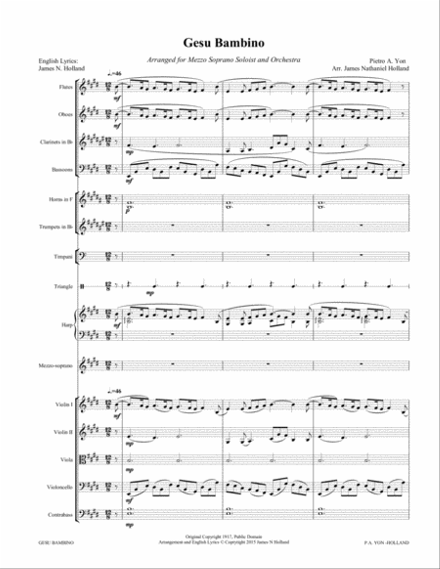 Gesu Bambino for Mezzo Soprano Voice Orchestra, Score and Parts and new English Lyrics Full Orchestra scores gallery preview page 5