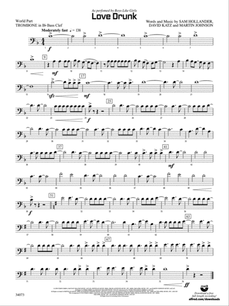 Love Drunk: (World Part) 1st B-flat Trombone B.C. Concert Band scores gallery preview page 1