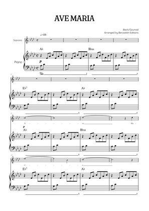 Bach / Gounod Ave Maria in A flat [Ab] • soprano sheet music with piano accompaniment and chords