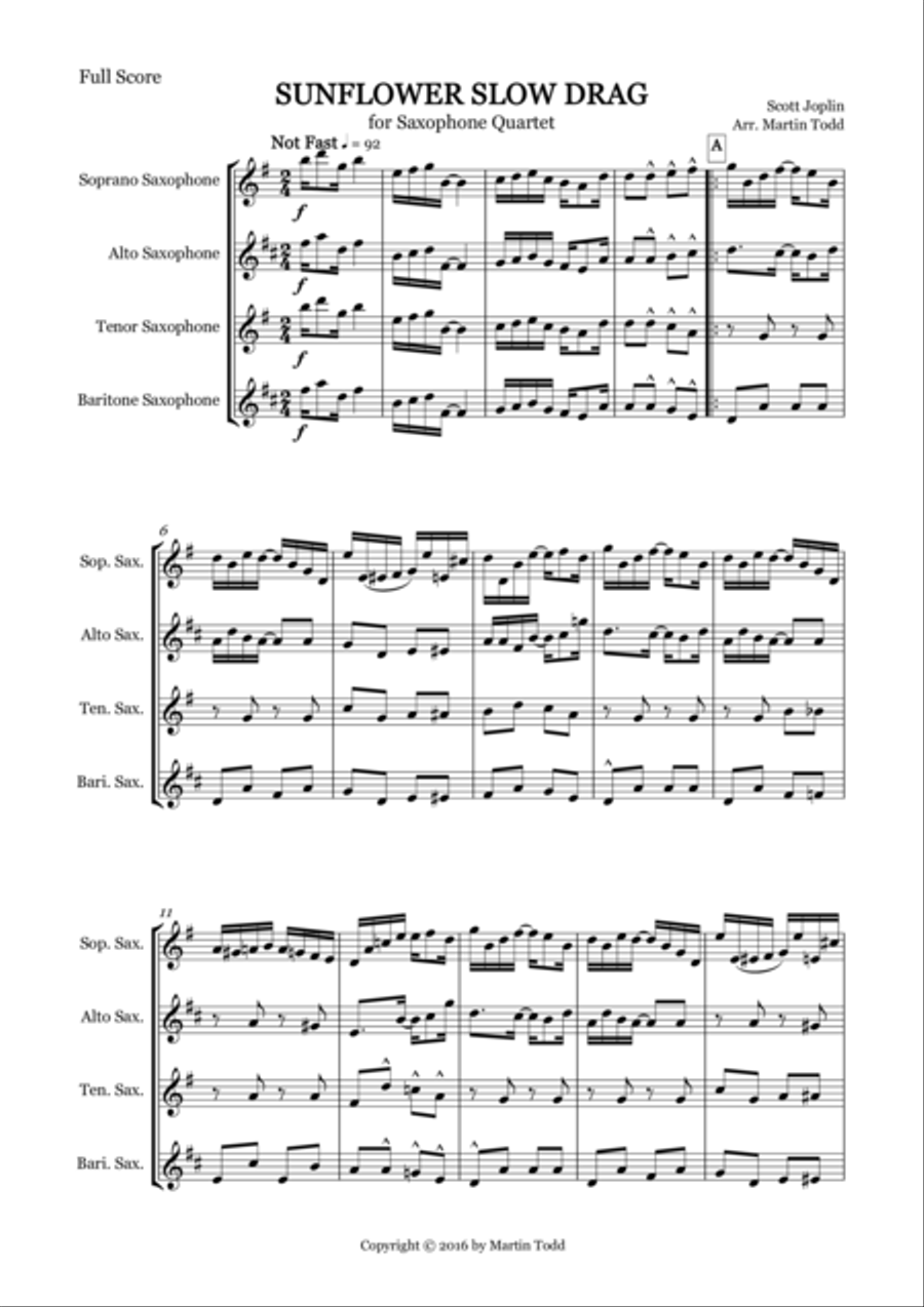 Sunflower Slow Drag for Saxophone Quartet (SATB) Saxophone Quartet scores gallery preview page 2