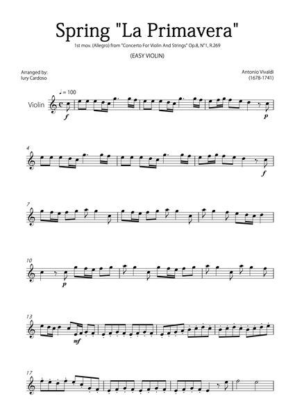 "Spring" (La Primavera) by Vivaldi - Easy version for VIOLIN SOLO image number null