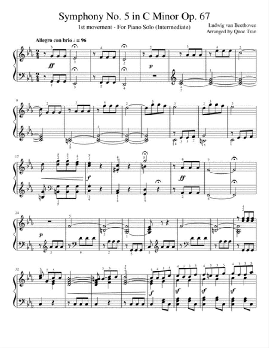 Beethoven Symphony No. 5 - 1st Movement - For Piano Solo (Intermediate) Piano Solo scores gallery preview page 1