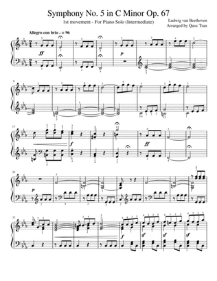 Beethoven Symphony No. 5 - 1st Movement - For Piano Solo (Intermediate)
