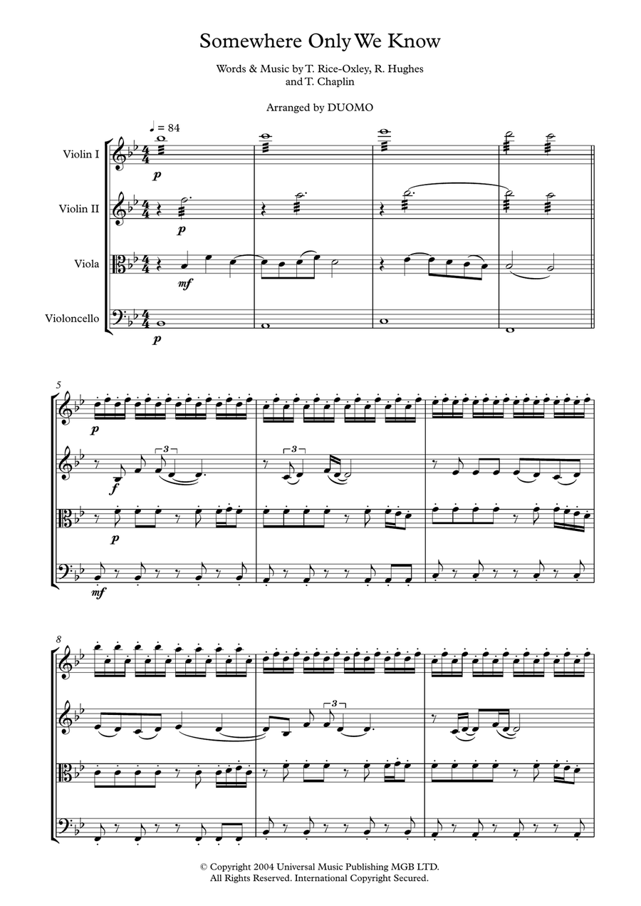 Somewhere Only We Know String Quartet scores gallery preview page 1