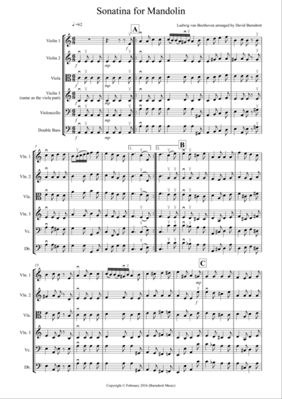 Sonatina by Beethoven for String Orchestra String Quartet scores gallery preview page 1