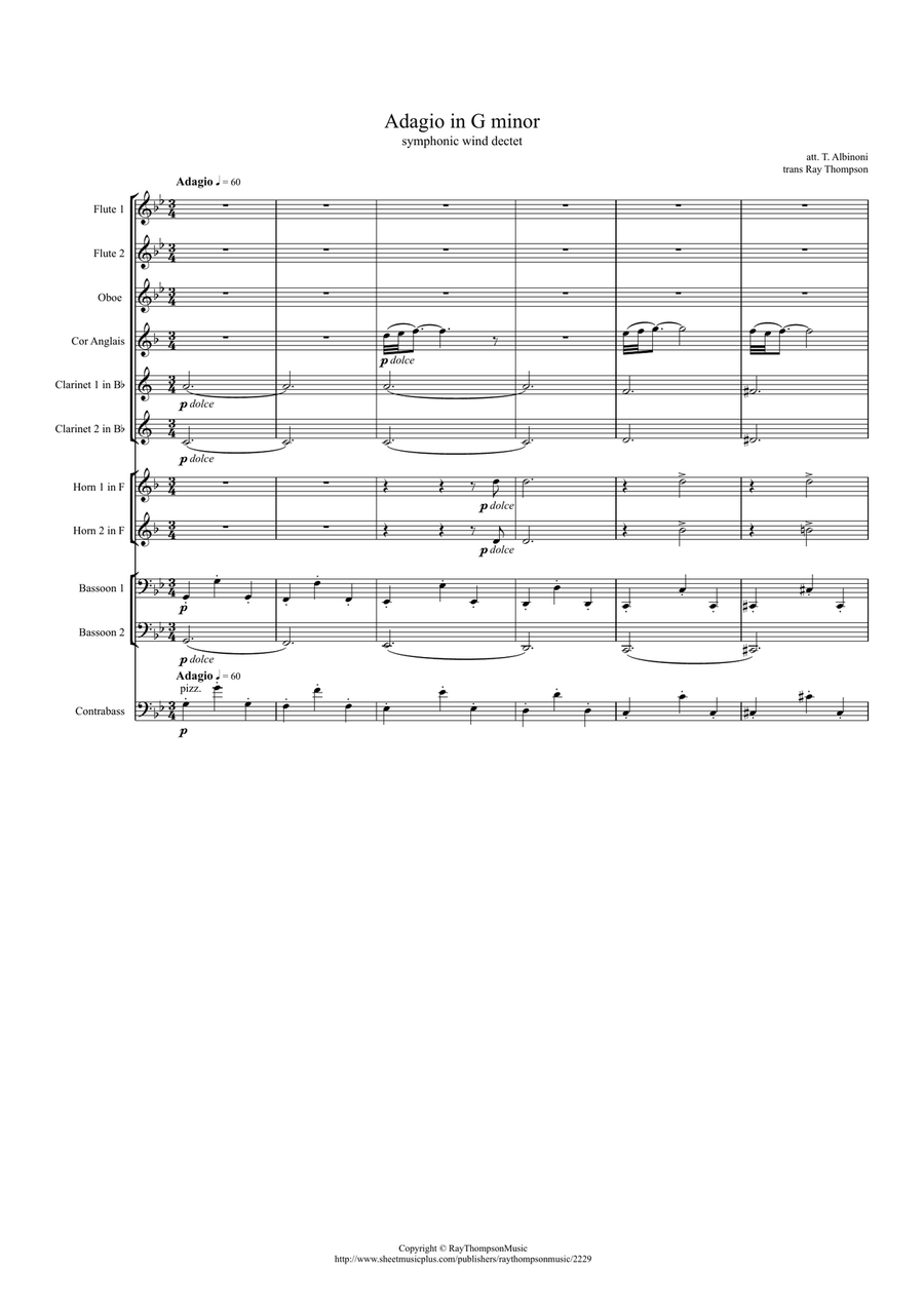 Albinoni: Adagio in G minor - symphonic wind dectet/bass Large Ensemble scores gallery preview page 1
