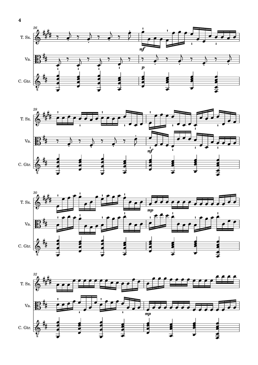 Canon in D Major, P.37; T.337. T. Sax, Viola, and Guitar. Score and Parts. Chamber Music scores gallery preview page 4