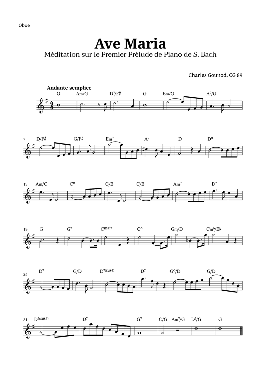 Ave Maria by Gounod for Oboe with Chords Oboe Solo scores gallery preview page 1