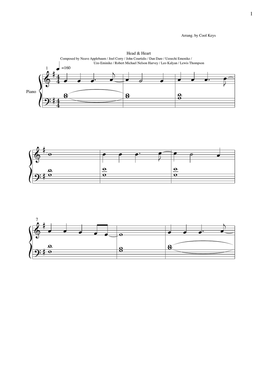 Head & Heart - Joel Corry - Easy Piano version by Cool Keys Piano Method scores gallery preview page 1