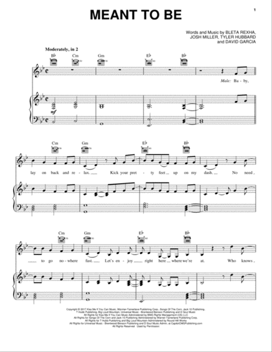Meant To Be (feat. Florida Georgia Line) Piano, Vocal, Guitar scores gallery preview page 1