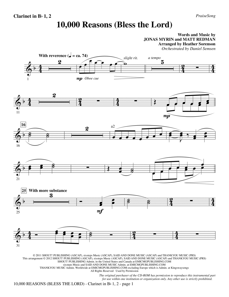 10,000 Reasons (Bless The Lord) - Bb Clarinet 1 & 2 Choir scores gallery preview page 1