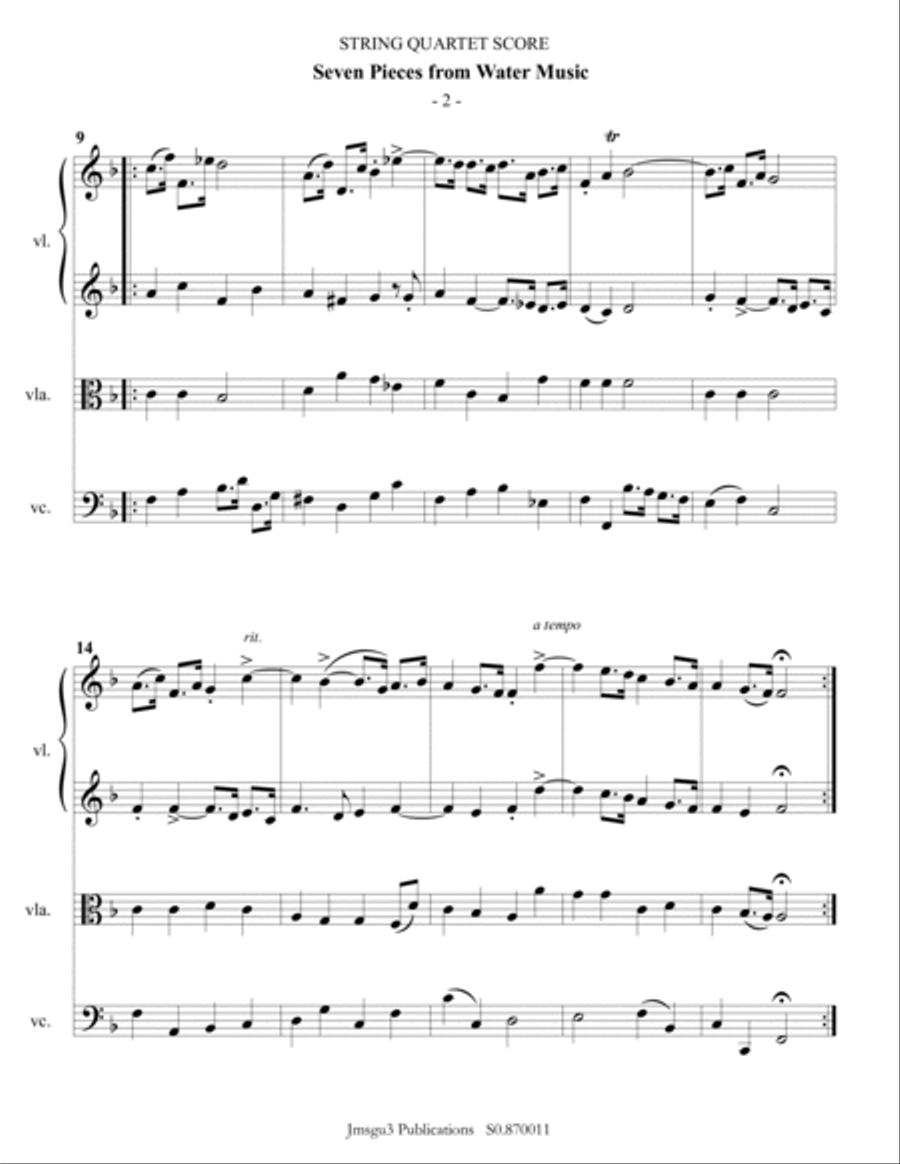 Handel: Seven Pieces from Water Music for String Quartet String Quartet scores gallery preview page 2