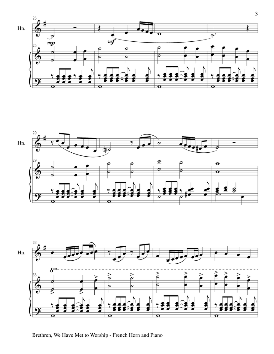 BRETHREN, WE HAVE MET TO WORSHIP (Duet – French Horn and Piano/Score and Parts) Brass Duet scores gallery preview page 3