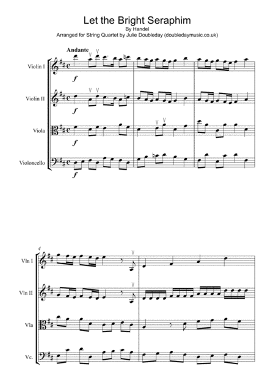 Handel: Let The Bright Seraphim for String Quartet - Score and Parts String Quartet scores gallery preview page 1