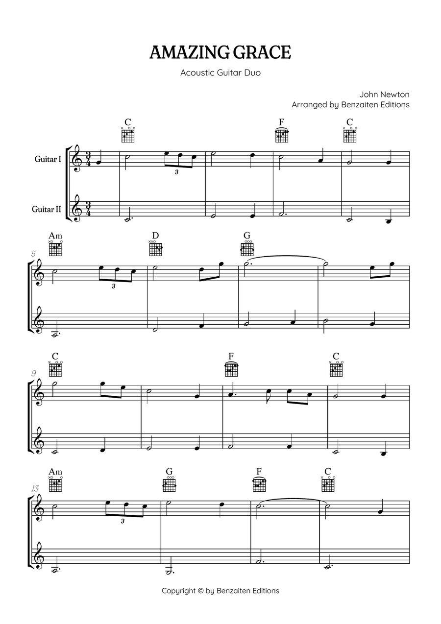 Amazing Grace • easy guitar duet sheet music with chords Acoustic Guitar scores gallery preview page 1