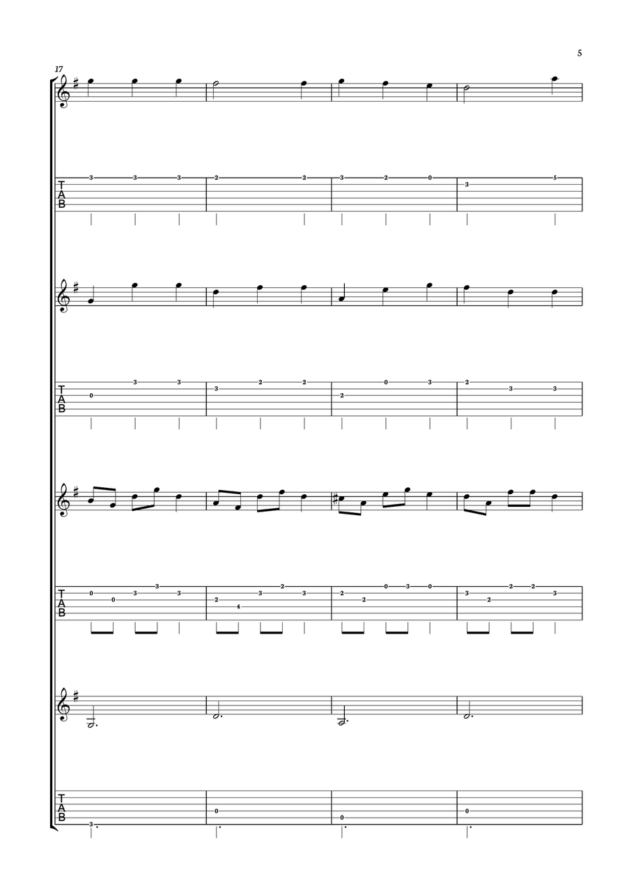 We Wish You a Merry Christmas for guitar quartet with tab. Score and parts Included. Guitar Ensemble scores gallery preview page 5
