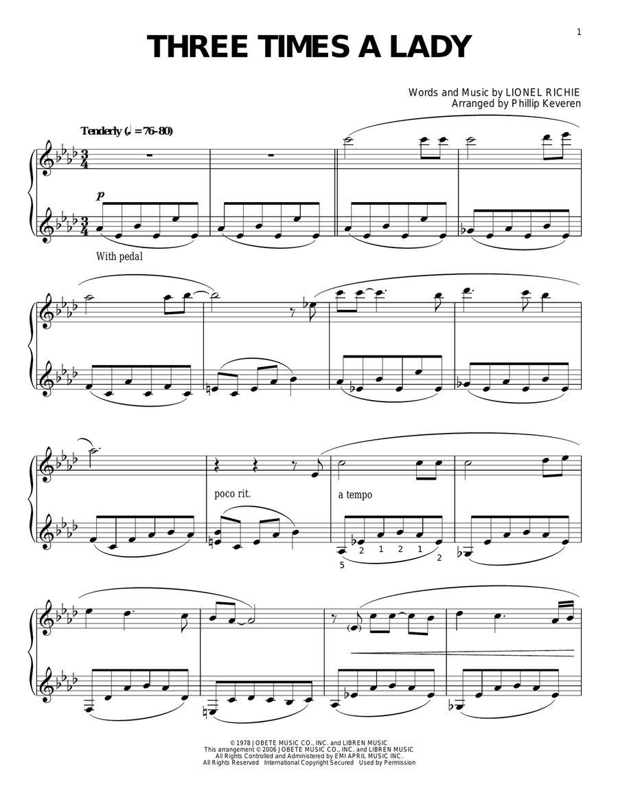 Three Times A Lady (arr. Phillip Keveren) Piano Solo scores gallery preview page 1
