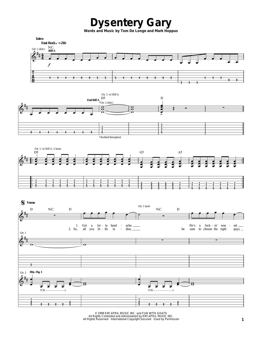Dysentery Gary Dysentery Gary Guitar Tablature scores gallery preview page 1