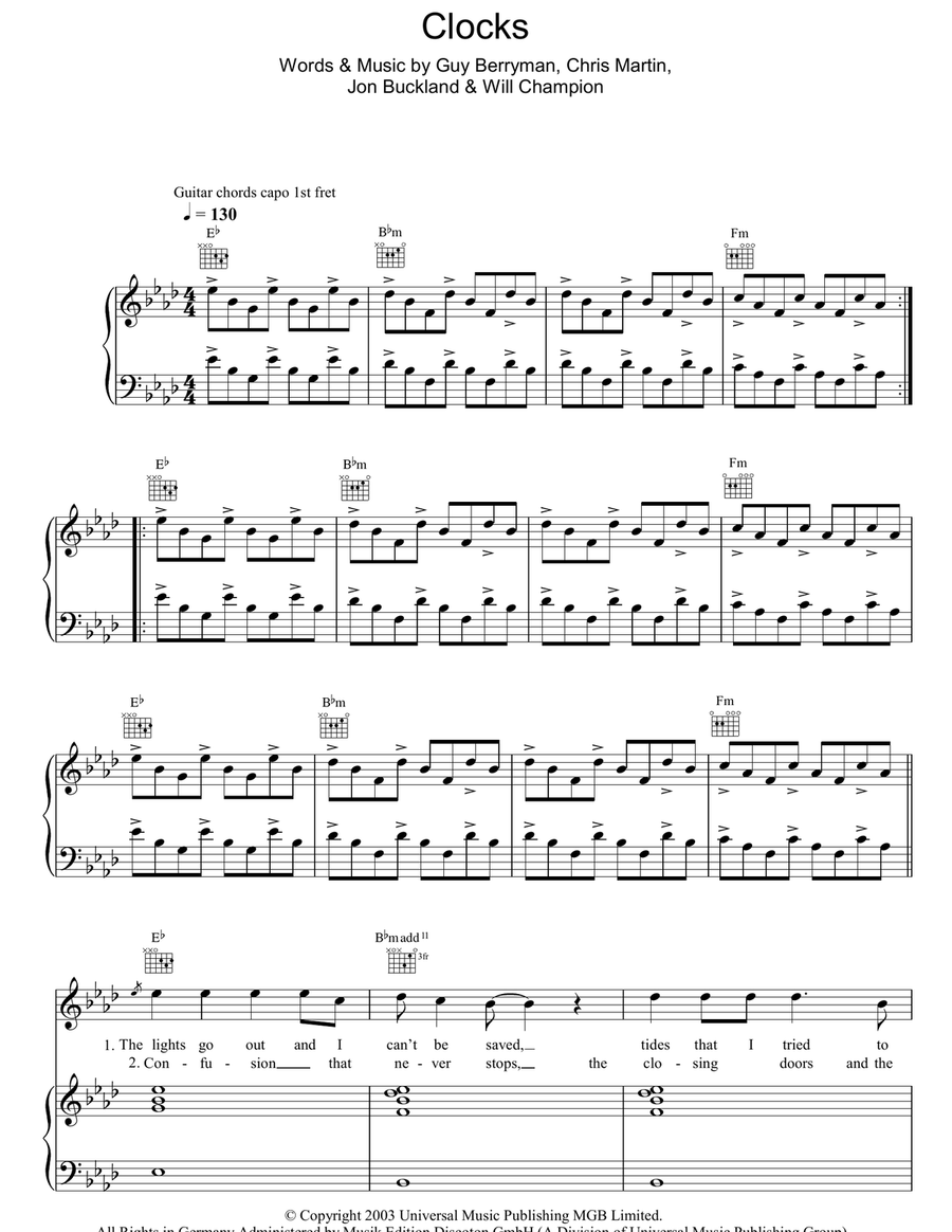 Clocks Clocks Piano, Vocal, Guitar scores gallery preview page 1