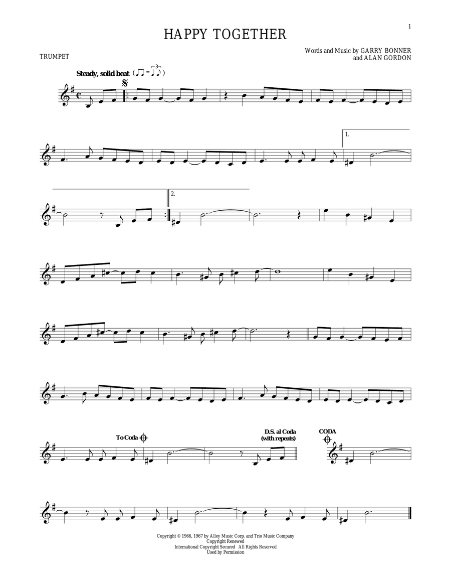 Happy Together Trumpet Solo scores gallery preview page 1