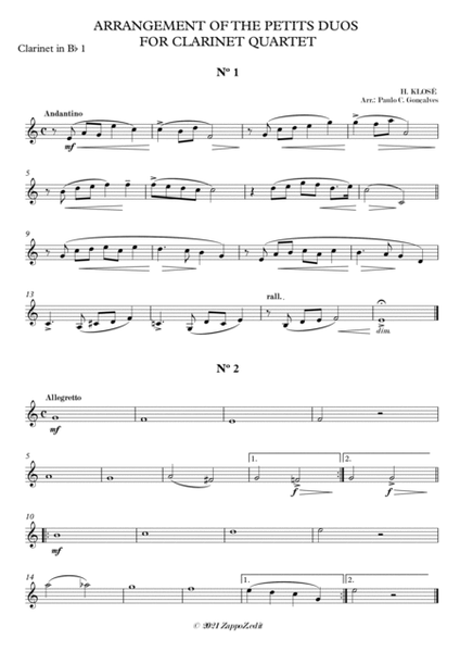 ARRANGEMENT OF THE PETITS DUOS FOR CLARINET QUARTET Nº 1 & 2 image number null