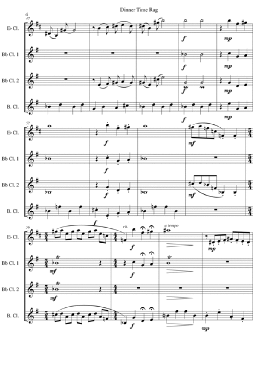 Dinner Time Rag for clarinet quartet (1 E-flat Clarinet, 2 B-flat clarinets, 1 bass clarinet) Clarinet Quartet scores gallery preview page 4