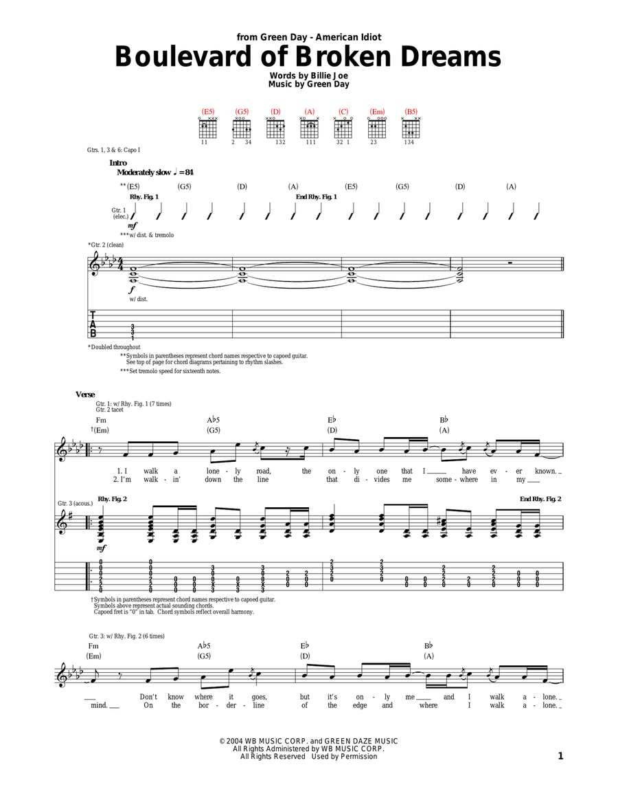 Boulevard Of Broken Dreams Acoustic Guitar scores gallery preview page 1