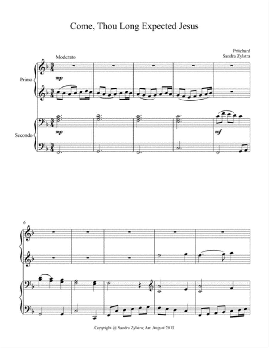 Come, Thou Long Expected Jesus (1 piano, 4 hand duet) 1 Piano, 4-Hands scores gallery preview page 2