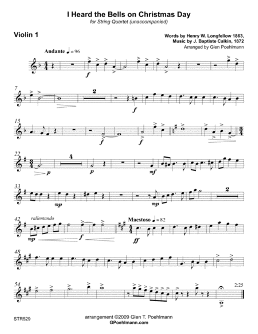 I HEARD THE BELLS ON CHRISTMAS DAY - unaccompanied STRING QUARTET (Grade 3+) A Cappella scores gallery preview page 4