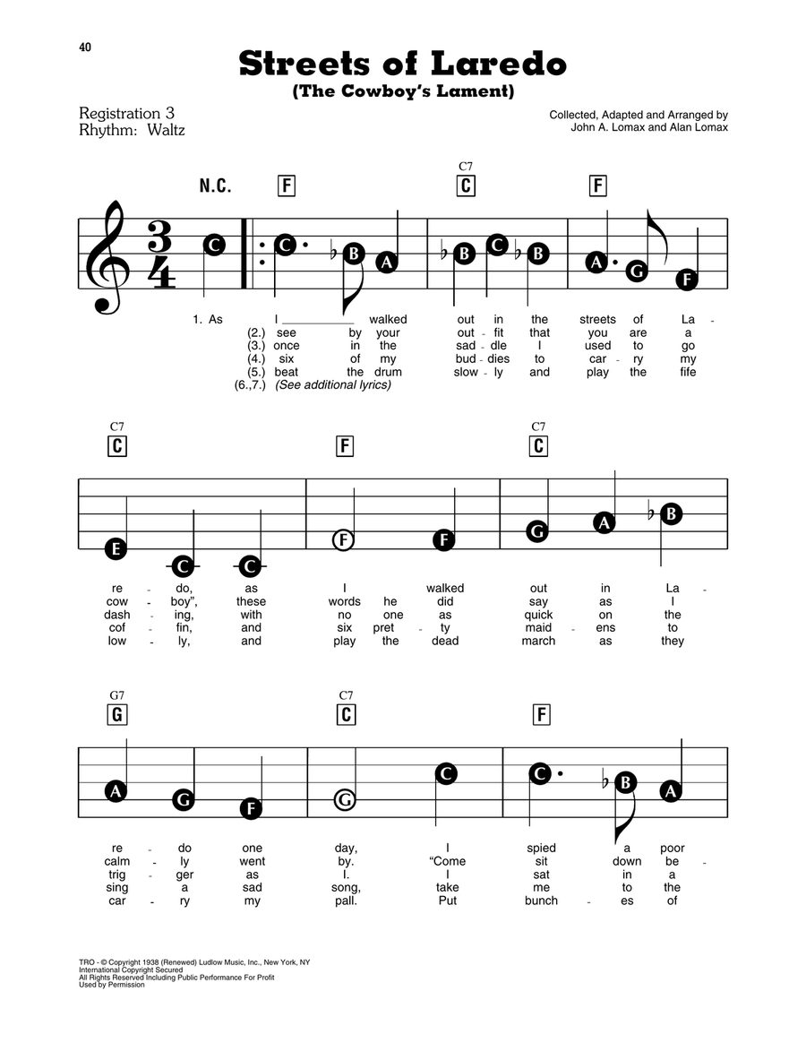 Streets Of Laredo (The Cowboy's Lament) Electronic Keyboard scores gallery preview page 1