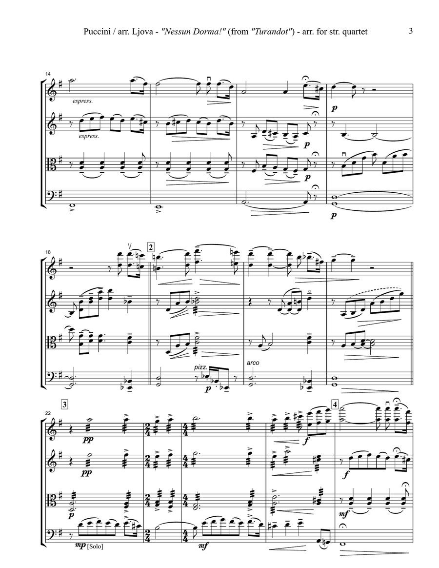 Nessun Dorma for string quartet (score and parts)