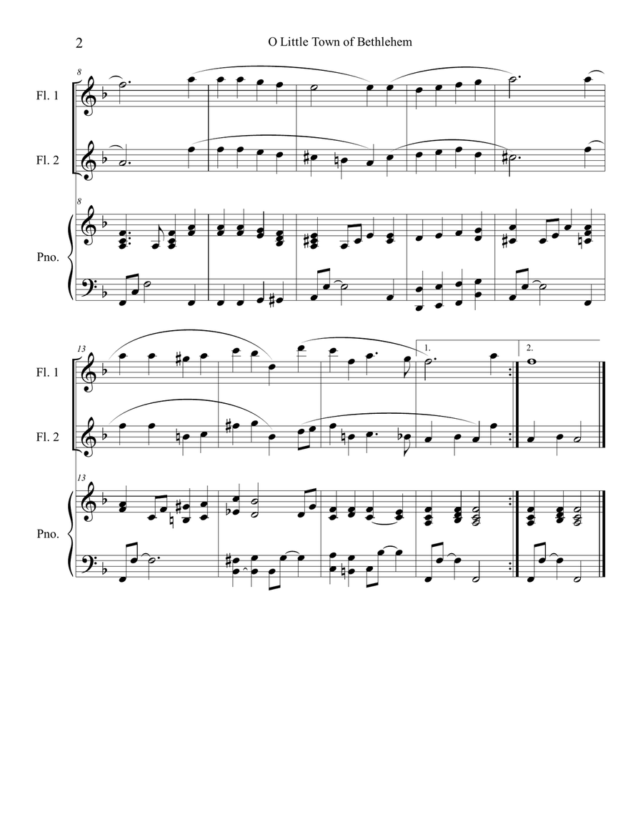 O Little Town of Bethlehem (Flute Duet) with piano accompaniment Flute Duet scores gallery preview page 2