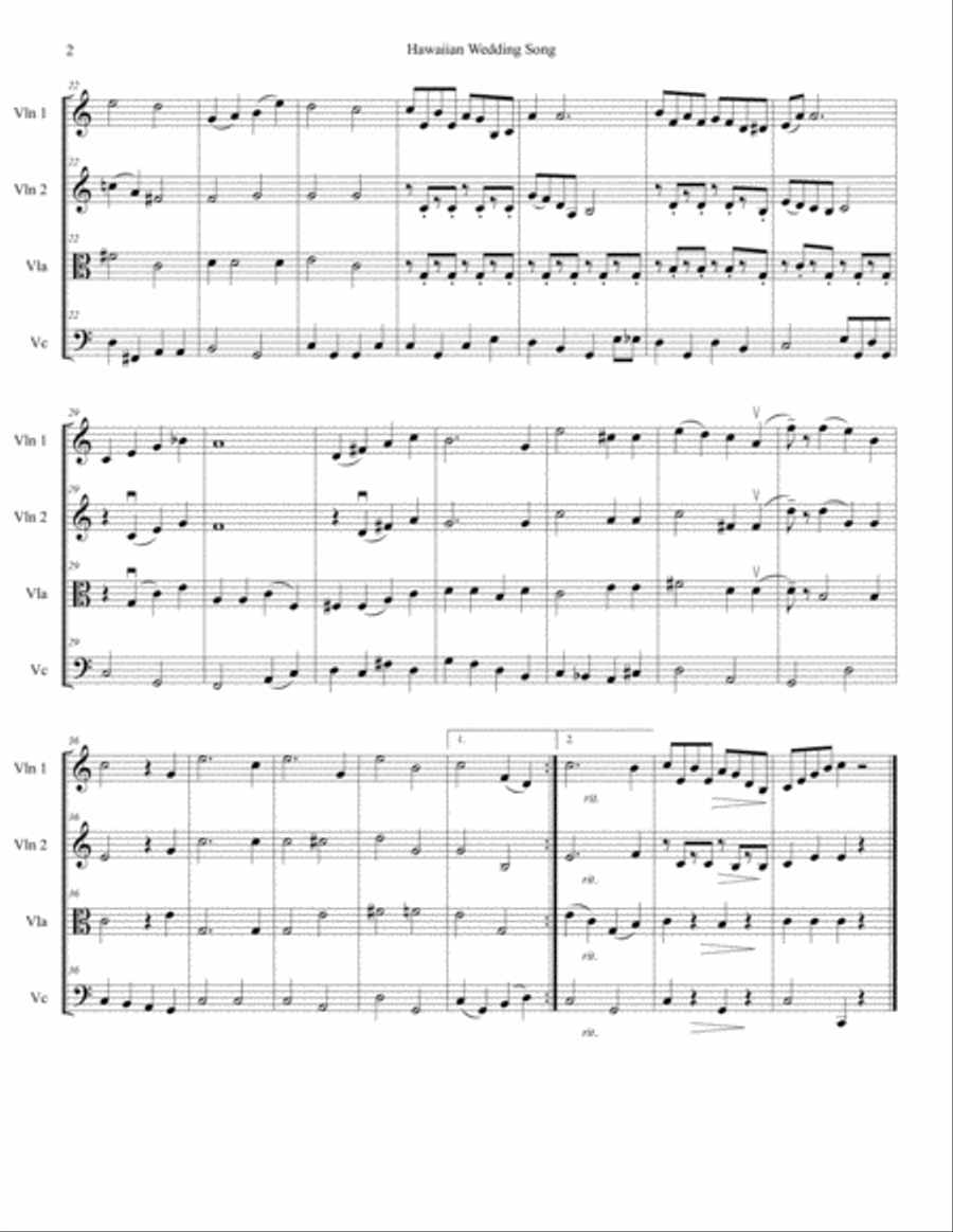 The Hawaiian Wedding Song (ke Kali Nei Au) String Quartet scores gallery preview page 2