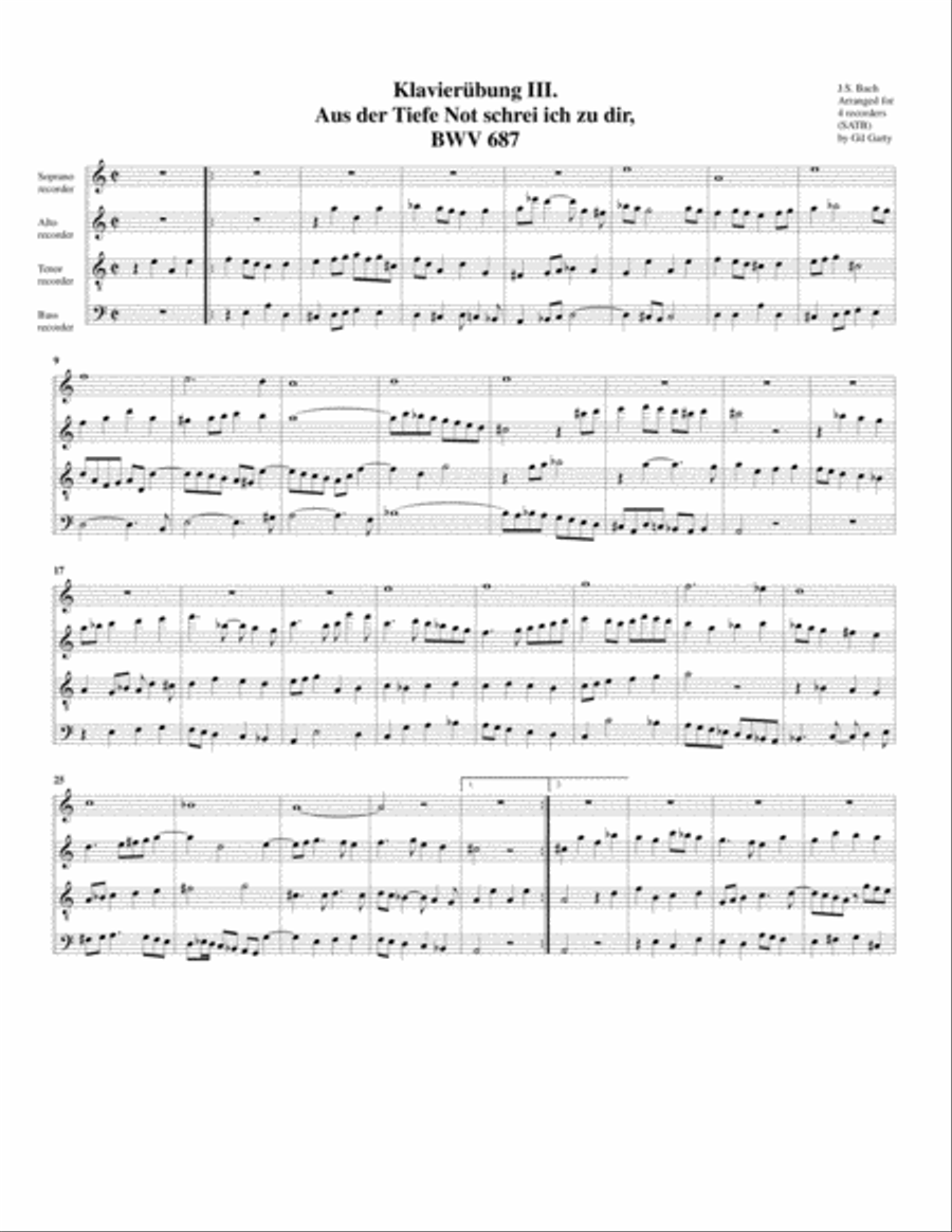 Aus der tiefe Not schrei ich zu dir, BWV 687 (Arrangement for 4 recorders) Recorder scores gallery preview page 1