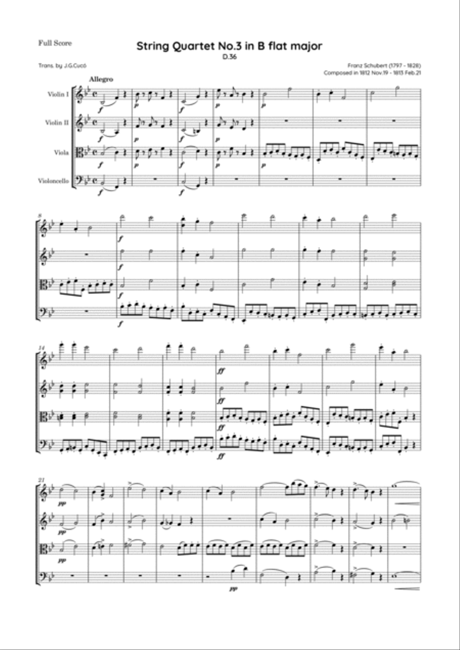 Schubert - String Quartet No.3 in B flat major, D.36 String Quartet scores gallery preview page 2