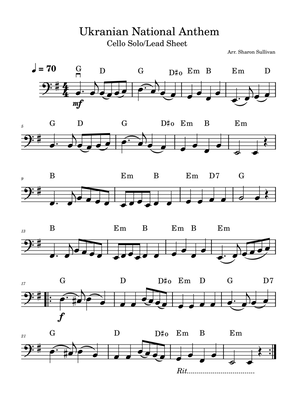 State Anthem of Ukraine/Ukrainian National Anthem Cello/bass clef leadsheet